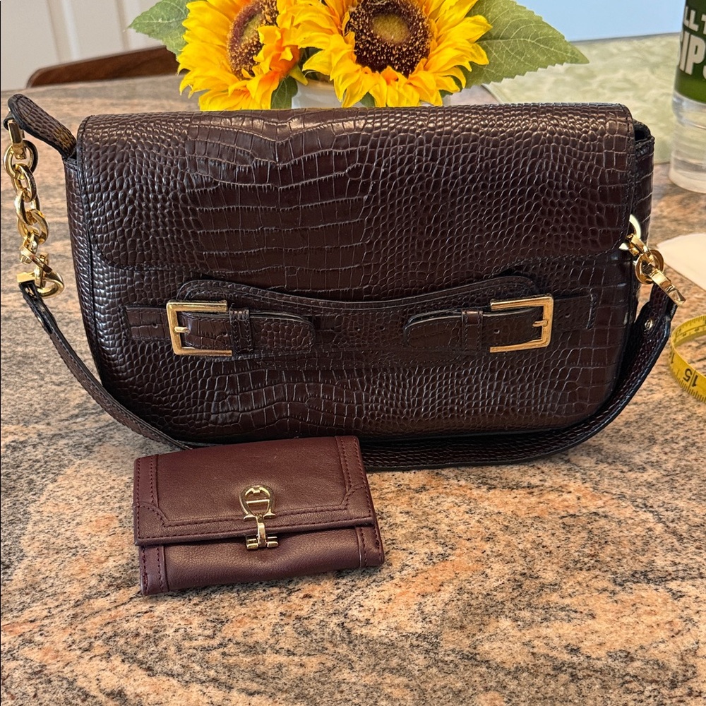Etienne Aigner Dark Brown Crocodile Shoulder Bag & small wallet.